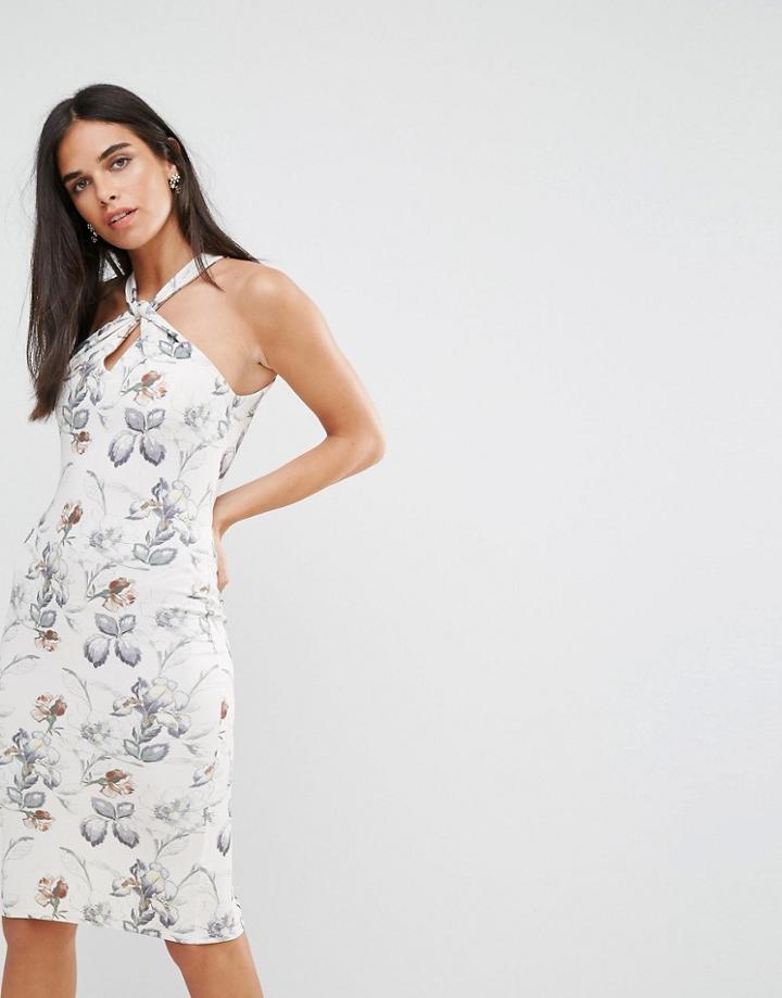 Hope & Ivy Halterneck Midi Dress In Floral Print - Cream
