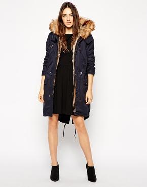 Asos Parka With Detachable Faux Fur Lining & Hood - Navy