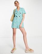 Asos Design Bubble Crepe Double Breasted Smock Romper In Blue Daisy-multi