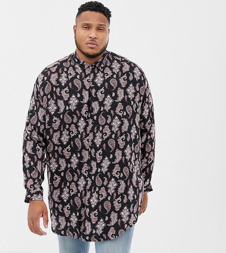 Asos Design Plus Oversized Drop Shoulder Longline Paisley Shirt - Black