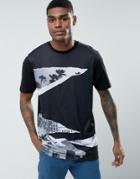 Asos Longline T-shirt With Palm Print Rip Detail - Black