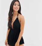 Asos Design Petite Crinkle Halter Romper-black