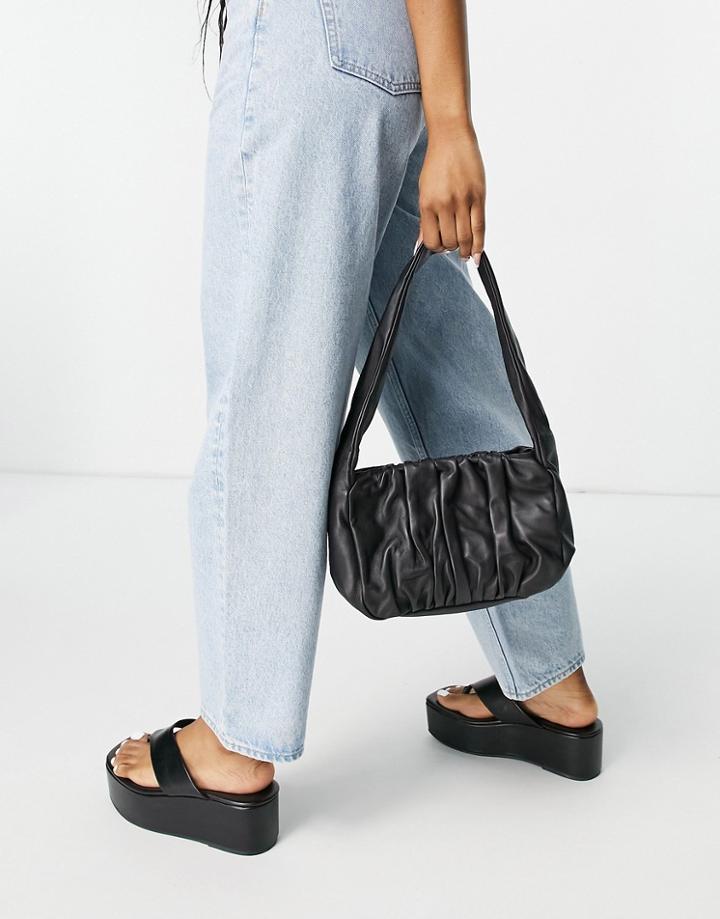 Asos Design Leather Ruched 90s Shoulder Bag In Black