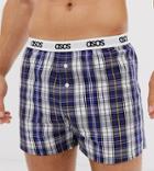 Asos Design Lounge Boxer Short In White And Navy Check With Branded Waistband