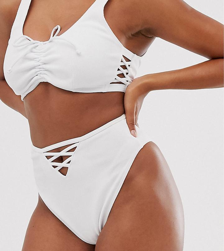 Wolf & Whistle Exclusive Lattice Back Bikini Bottom In White Rib