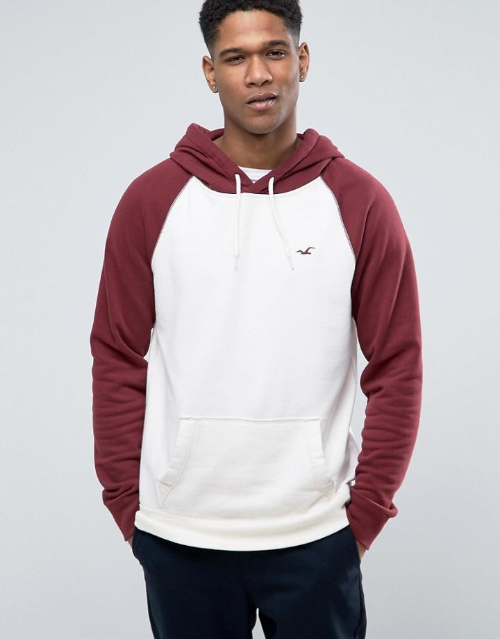 Hollister Icon Logo Hoodie Contrast Raglan Sleeves Regular Fit In Oatmeal/burgundy - Beige