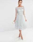 Chi Chi London Midi Tulle Dress In Premium Lace Embroidery - Light Gray