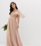 Asos Design Maternity Bridesmaid Pleated Bodice Maxi Dress With Flutter Sleeve-pink