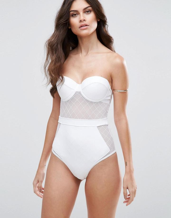 Asos Diamond Mesh Cupped Swimsuit - White