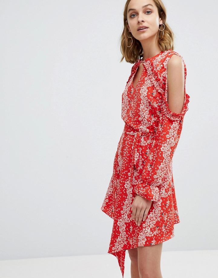 River Island Ruffle Cold Shoulder Detail Floral Print Dress-red