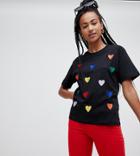 Monki Oversized Rainbow Heart Embroidery T-shirt In Black - Black