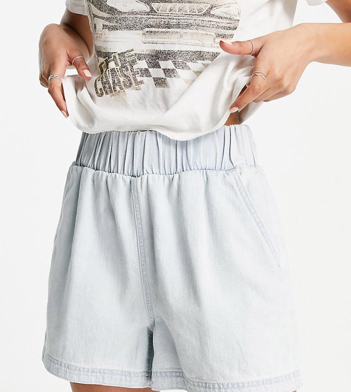 Topshop Petite Pull On Denim Short In Bleach-blue