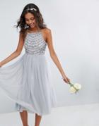 Asos Wedding Delicate Beaded Strappy Back Midi Dress - Gray