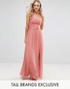 Little Mistress Tall Allover Lace Top Maxi Dress With Applique Belt Detail - Pink
