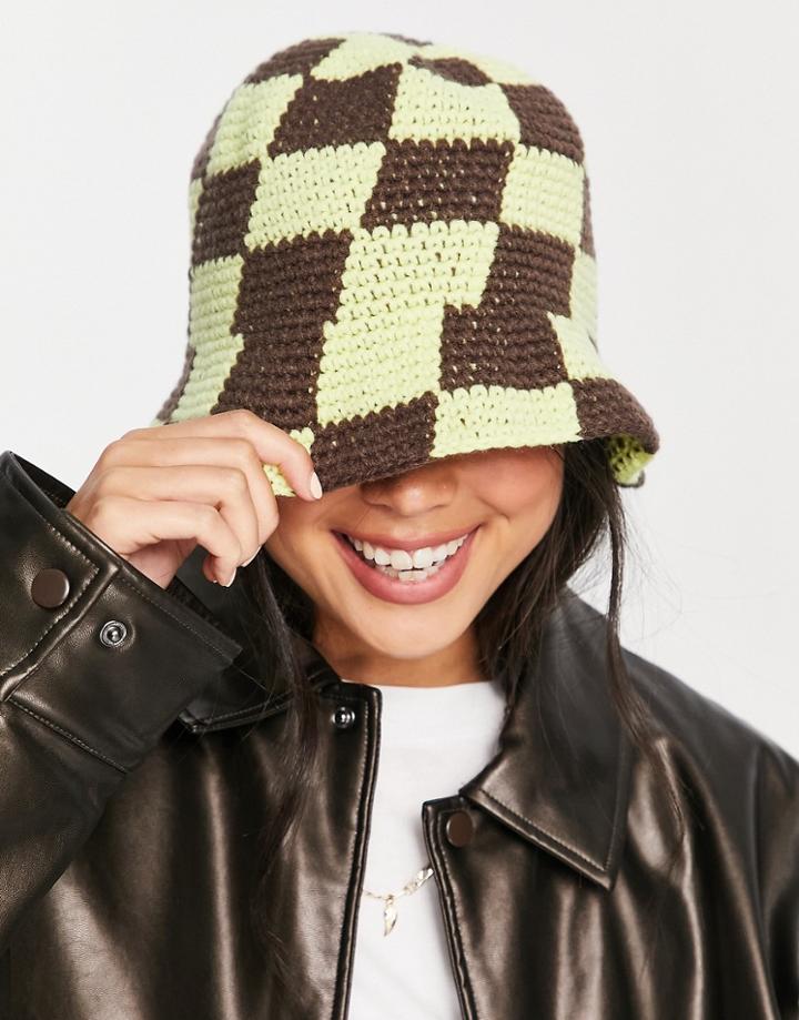 Asos Design Crochet Bucket Hat In Lime And Brown Checkerboard-multi