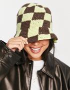 Asos Design Crochet Bucket Hat In Lime And Brown Checkerboard-multi