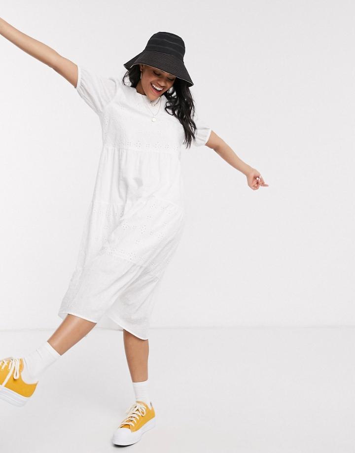 New Look Broderie Smock Midi Dress In White