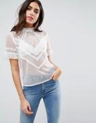 Asos High Neck Top In Dobby Mesh With Lace Trim - White