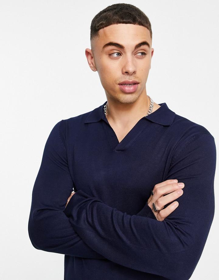 River Island Knit Long Sleeve Polo In Navy