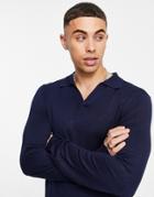 River Island Knit Long Sleeve Polo In Navy