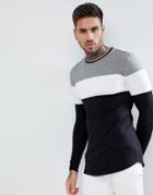 Asos Design Muscle Longline Long Sleeve T-shirt With Twisted Jersey Yoke Panel And Tipping Neck - Black