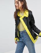 Bershka Faux Fur Contrast Biker Jacket - Yellow