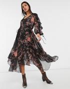 Asos Design Drape Ruffle Midi Dress With Lace Insert And Tassel Detail In Blurred Floral-multi