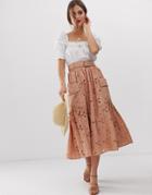 Asos Design Premium Cutwork Midi Skirt With Bamboo Buckle - Pink
