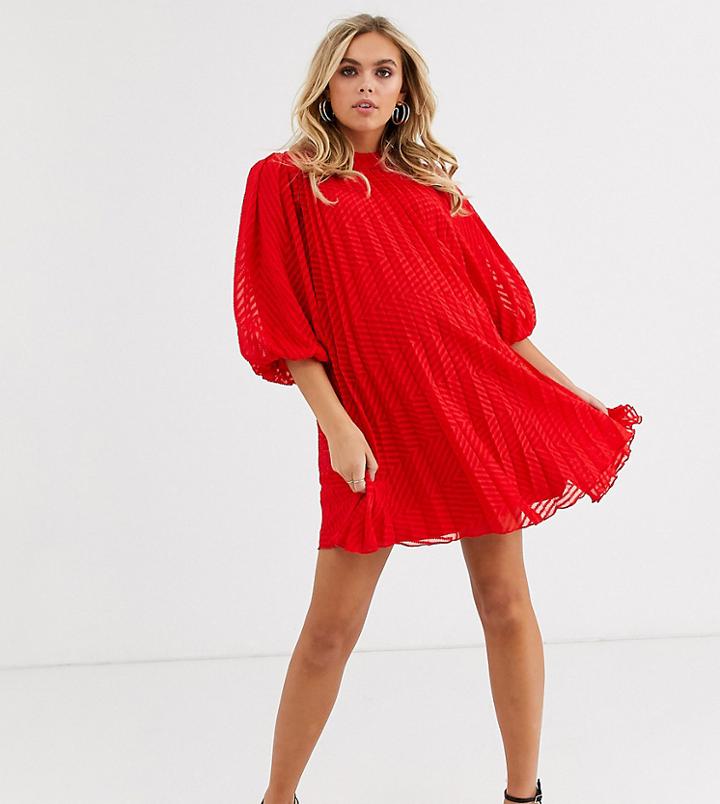Asos Design Maternity Pleated Trapeze Mini Dress With Puff Sleeves In Dobby-red