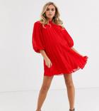 Asos Design Maternity Pleated Trapeze Mini Dress With Puff Sleeves In Dobby-red