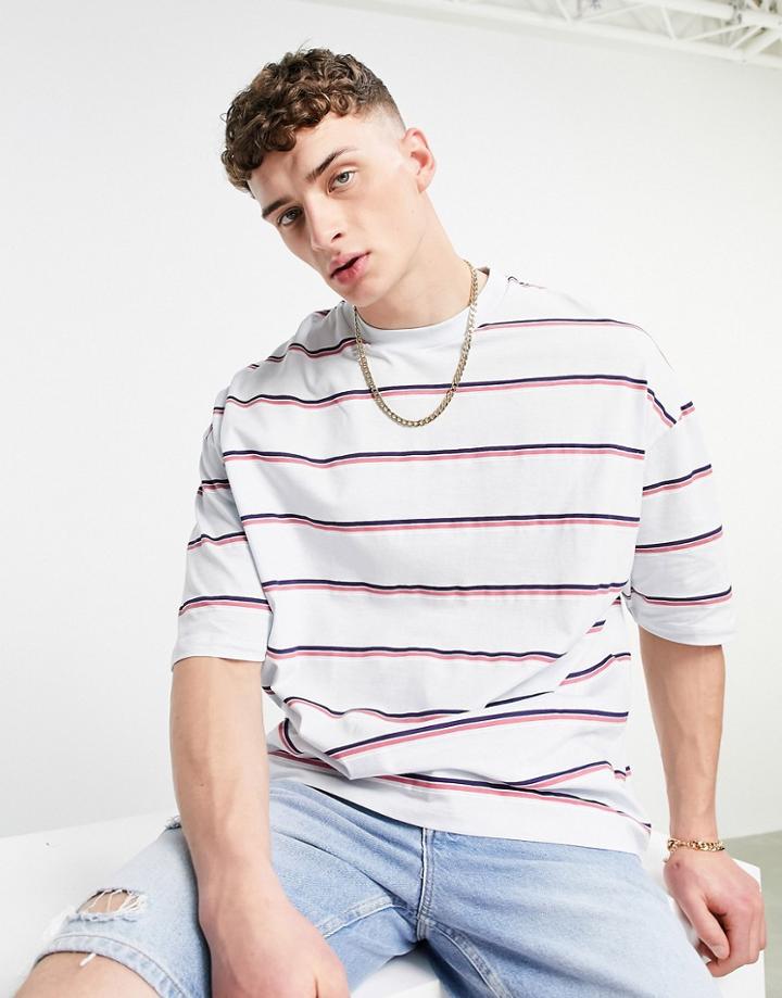 Asos Design Oversized Organic Stripe T-shirt In Blue And Salmon