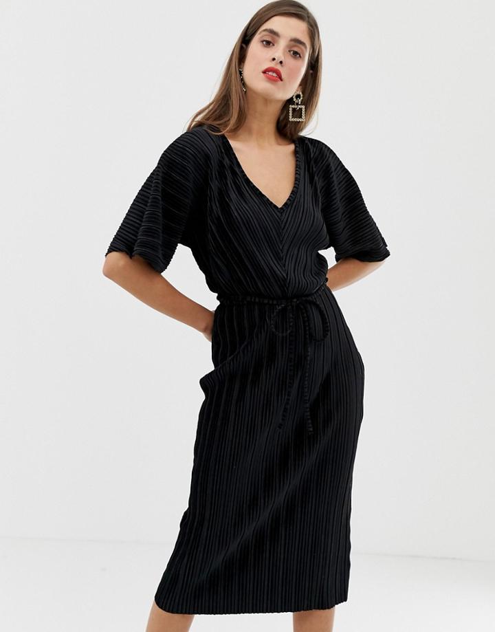 River Island Plisse T-shirt Dress With Tie Waist In Black Velvet