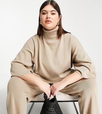 Pretty Lavish Curve High Neck Kimono Sleeve Sweater In Taupe-neutral