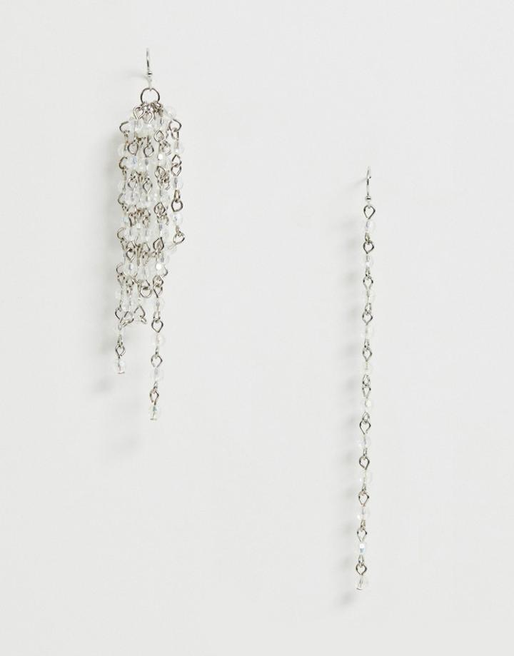 Asos Design Earrings In Asymmetric Strand Design With Delicate Crystal Beads In Silver - Silver