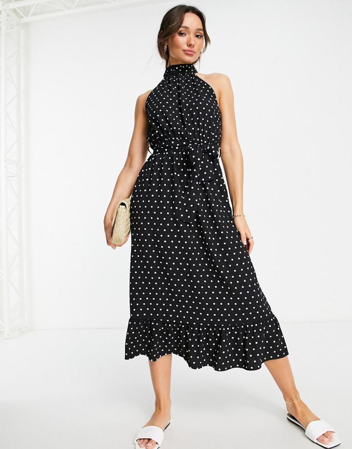 Asos Design Halter Neck Maxi Skater Dress With Belt In Mono Dot Print-multi