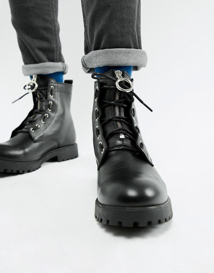 Asos Design Lace Up Boots In Black Leather With Metal Detail