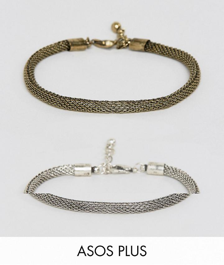 Asos Plus Mesh Chain Bracelet Pack In Burnished Gold And Silver - Multi
