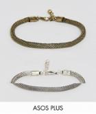 Asos Plus Mesh Chain Bracelet Pack In Burnished Gold And Silver - Multi