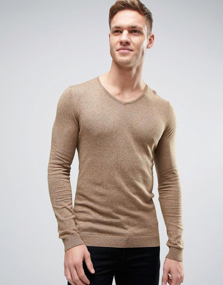 Asos V Neck Sweater In Muscle Fit - Beige