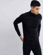Asos Design Muscle Fit Long Sleeve T-shirt With Roll Neck - Black