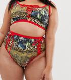 Asos Design Curve Recycled Lace Up Contrast Bind High Waist Bikini Bottom In Leopard Tropical Print-red