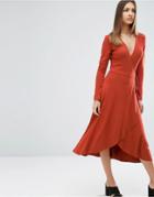 Asos Midi Wrap Tea Dress With Long Sleeves - Red