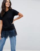 Asos T-shirt With Paneled Lace Ruffle Hem - Black