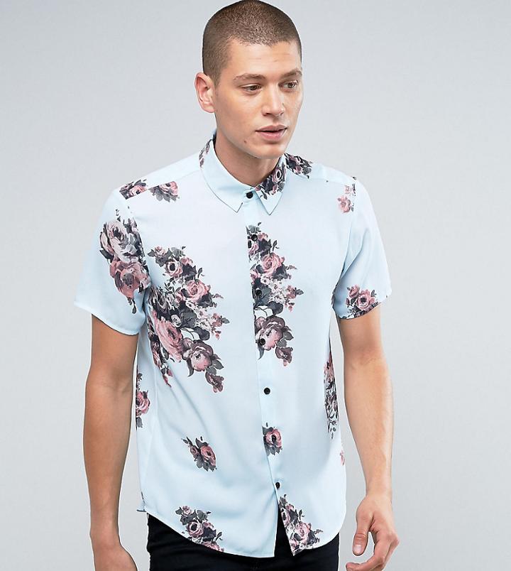 Reclaimed Vintage Inspired Shirt In Floral Print With Short Sleeves In Reg Fit - Blue