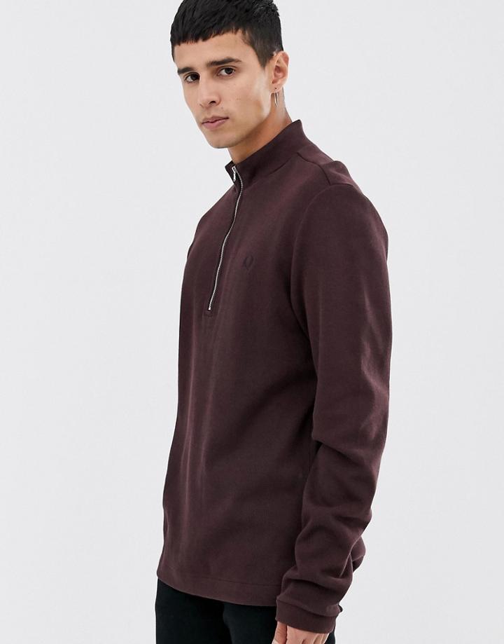 Fred Perry Half Zip Neck Ribbed Sweat In Burgundy - Red