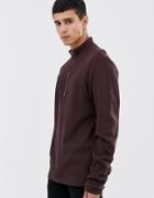 Fred Perry Half Zip Neck Ribbed Sweat In Burgundy - Red