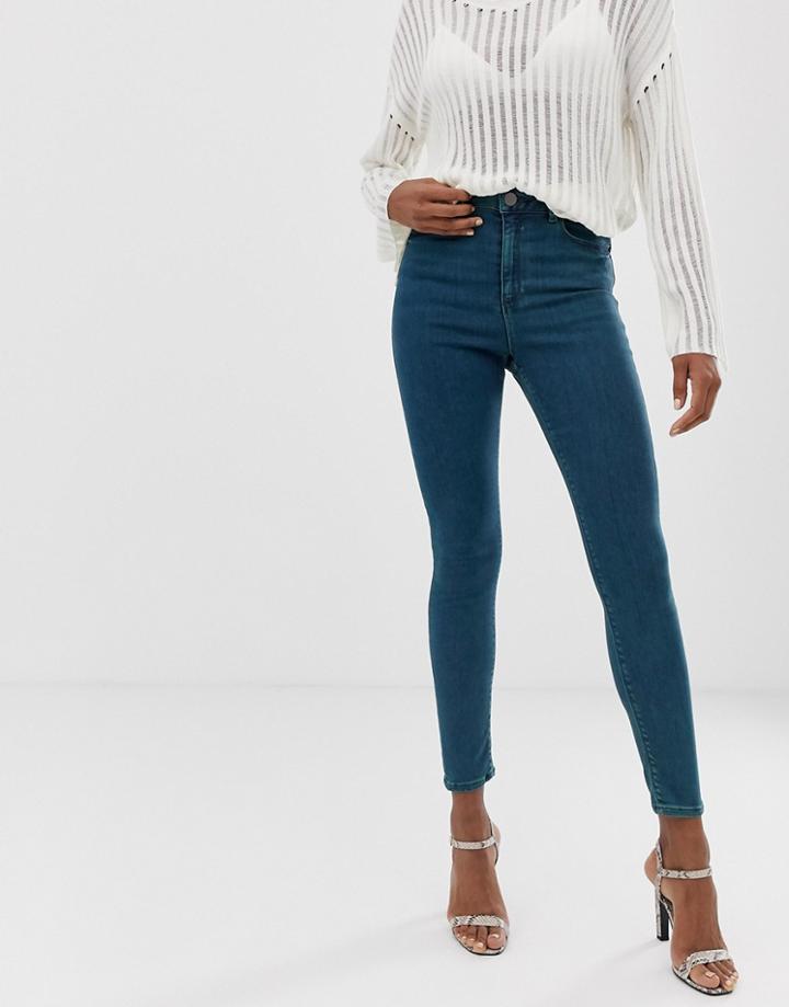 Asos Design Ridley High Waist Skinny Jeans In Green Cast Blue Wash - Blue