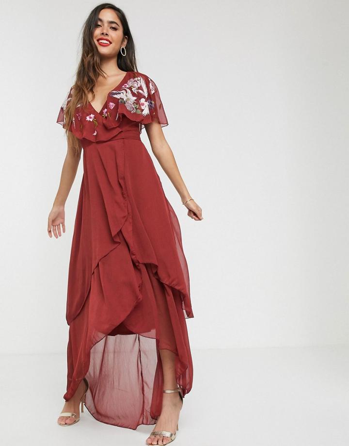 Asos Design Maxi Dress With Cape Back And Dipped Hem In Embroidery - Red