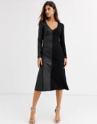Asos Design Half And Half Rib Leather Look Dress-black