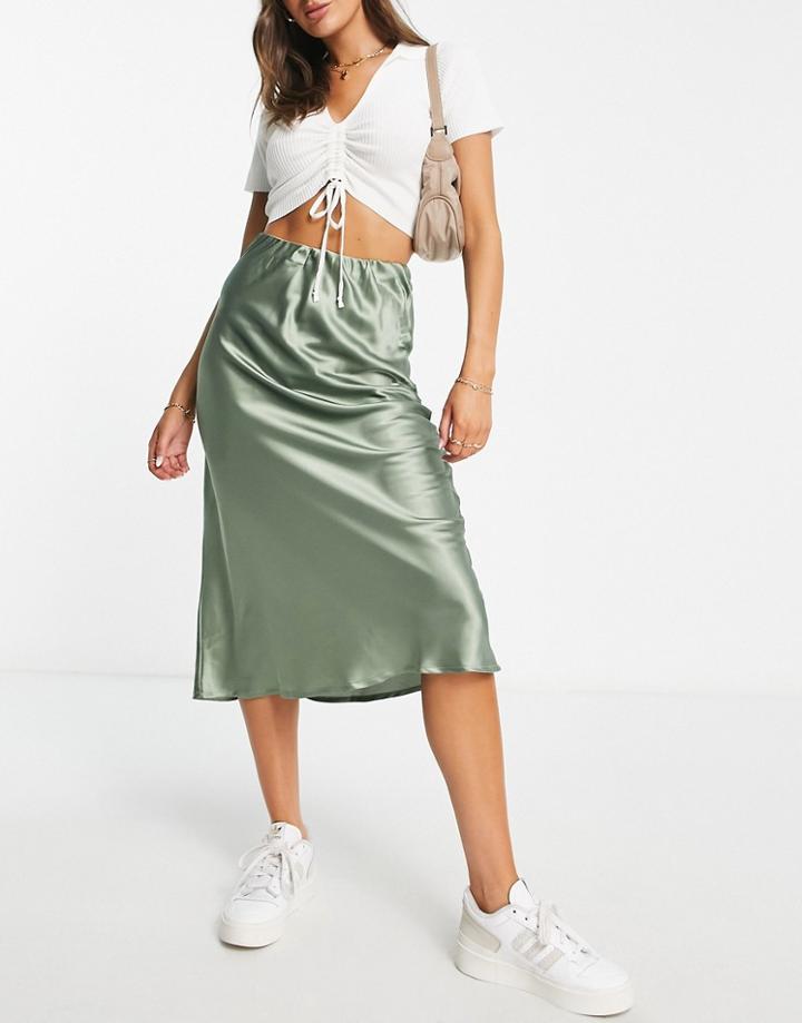 Pieces Calma Midi Satin Skirt In Green